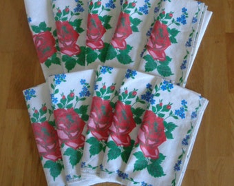 Floral napkins, 10 vintage French flowery napkins, red roses and blue flowers