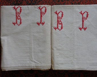 2 French monogrammed sheets, pair of metis sheets, red cross stitch initials BP