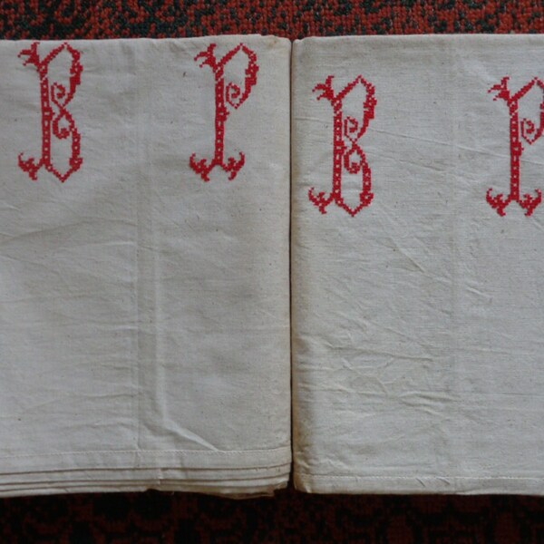 2 French monogrammed sheets, pair of metis sheets, red cross stitch initials BP
