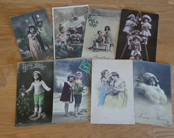 8 vintage French postcards of cute kids, mixed lot  of hand colored early 1900s postcards