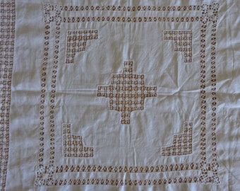 White linen table topper, square tablecloth, hand done jours drawn thread work, French country chic