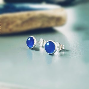 Recycled Sterling Silver Blue Agate stud earrings by ALBA Jewellery. Made in my Workshop in Scotland Alba Cara Jewellery