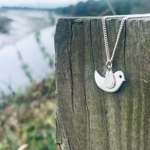 Sterling silver bird pendant, Scottish Sparrow pendant, Spiral pendant, Handmade jewellery, made in Scotland