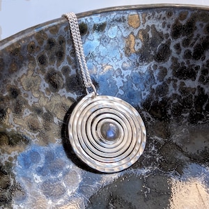 Recycled Sterling Silver Spiral Labradorite pendant. Made in my Workshop in Scotland Alba Cara Jewellery