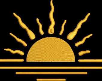 May include: A golden yellow embroidered design on a black background featuring a semi-circular sun rising above horizontal lines. The sun has wavy rays extending upwards, with a small circular dot on each side of the central sun motif.