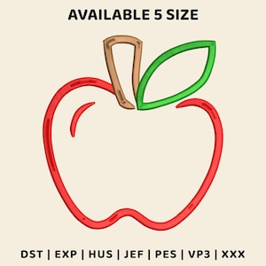 May include: An embroidery design of an apple outline in red with a brown stem and a green leaf. The text "AVAILABLE 5 SIZE" appears at the top, and the text "DST | EXP | HUS | JEF | PES | VP3 | XXX" is printed at the bottom of the image.
