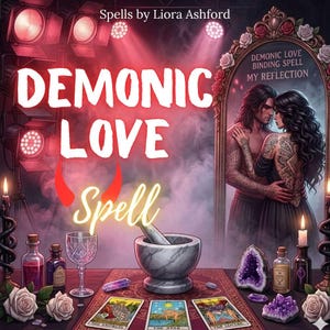 May include: An illustration for a Demonic Love Spell. The image features a table with tarot cards, crystals, and potion bottles. The words "Demonic Love Spell" are prominently displayed. A mirror reflects a couple embracing. The background includes stage lights and candles.