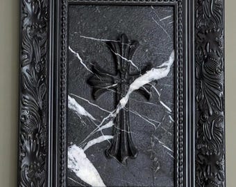 Czarny marmurowy krzyż do powieszenia na ścianie, rama ze zdjęciem w stylu retro, ozdoba salonu, prezent.