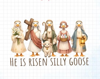 On zmartwychwstał, głupia gęś PNG, zabawna chrześcijańska Wielkanoc PNG, religijny wzór gęsi, słodka wielkanocna sztuka wiary, biblijna Wielkanoc PNG