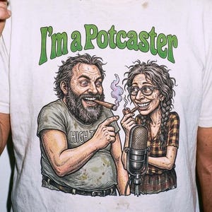May include: A white t-shirt with the text "I'm a Potcaster" in green lettering. The shirt features a cartoon illustration of two people smoking. The person in the image is holding a lit rolled cigarette.