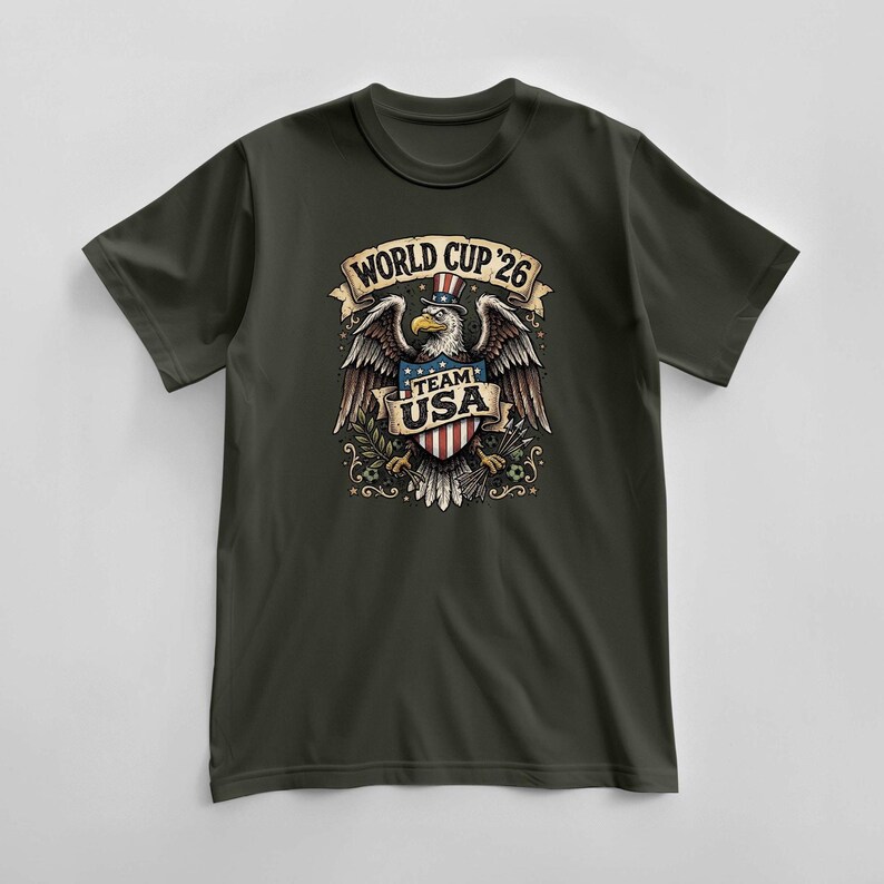 Team USA 2026 World Cup T-Shirt, United States Fan Soccer Tee, USMNT Football Gear, America Patriotic Top, Supporter Gift for Him & Her Military Green