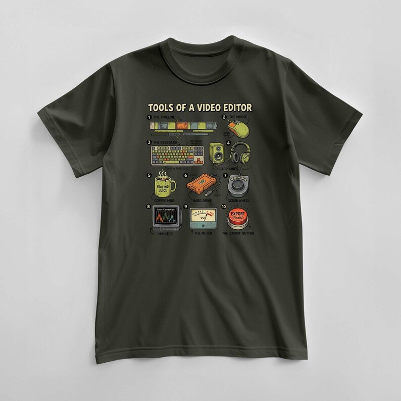 Tools Of A Video Editor T-Shirt, Creative Post Production Tee, Filmmaker Graphic Top, Cinema Student Apparel, Youtube Content Creator Gift Military Green
