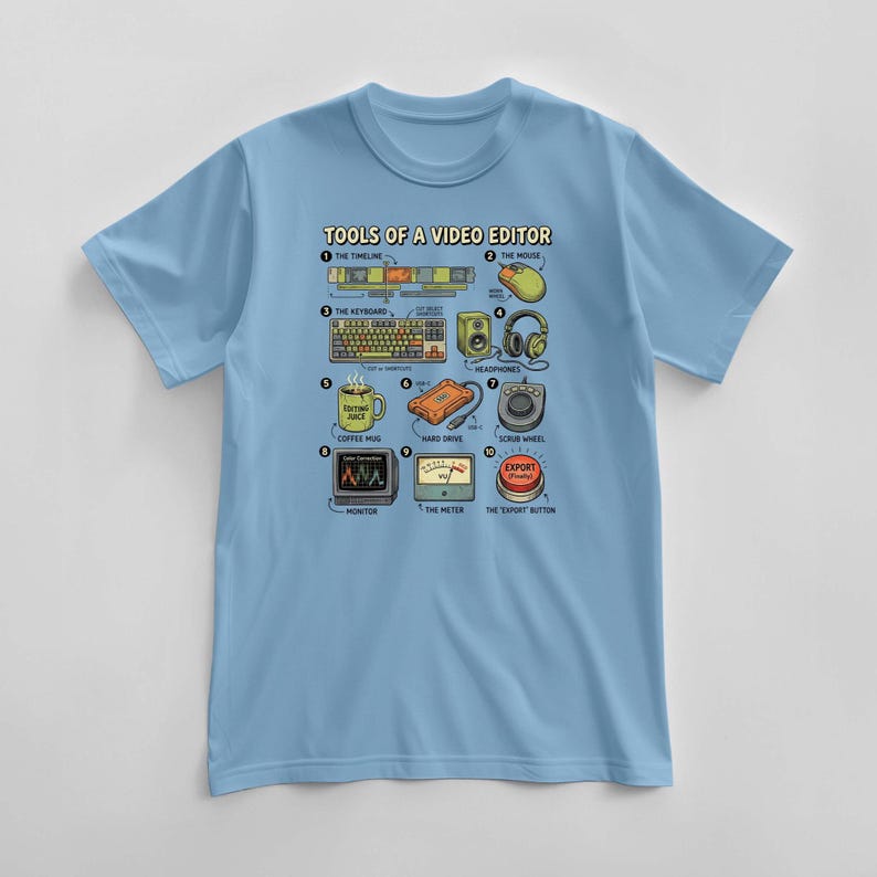 May include: Light blue t-shirt featuring a graphic titled "TOOLS OF A VIDEO EDITOR." The graphic includes illustrations of video editing tools such as a timeline, mouse, keyboard, headphones, and the "EXPORT" button.