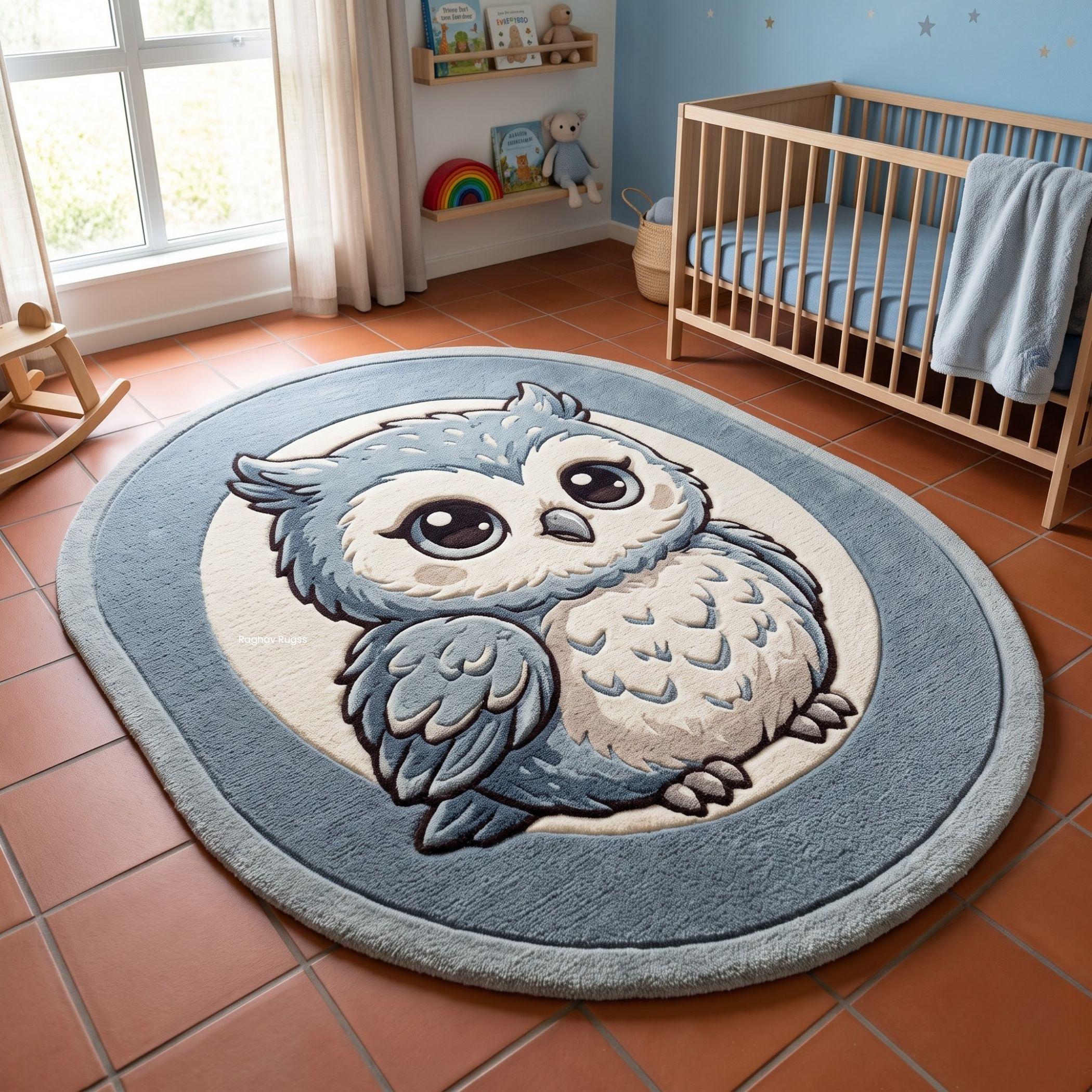 3D Owl Nursery Rug | Slate Blue Oval Tufted Woodland Baby Carpet for Kids Playroom