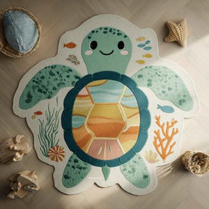 Pode incluir: Um tapete com formato de tartaruga marinha em tons de verde menta, azul-petróleo, amarelo e laranja. O casco tem um padrão segmentado e a área ao redor inclui ilustrações de peixes pequenos, corais e algas sobre um fundo creme.