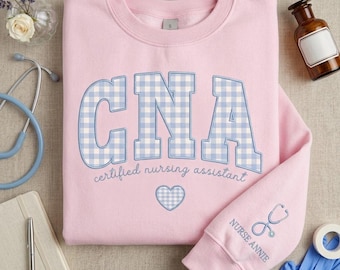 Custom CNA Gingham Applique Sweatshirt, Certified Nursing Assistant Crewneck, Personalized Nurse Sweatshirt, Embroidered Nurse Gift