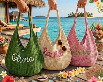 Personalized Crochet Beach Tote Bag, Custom Name Summer Bag, Handmade Knit Shoulder Bag, Bridesmaid Gift, Vacation Tote, Pool Bag for Women