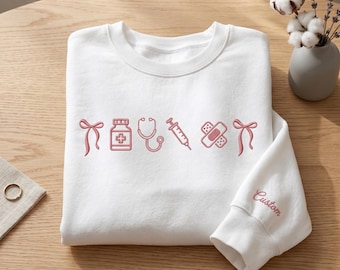 Personalized Nurse Embroidered Sweatshirt, Custom Medical Icons Crewneck, Cute Nursing Student Gift, RN Aesthetic Sweatshirt