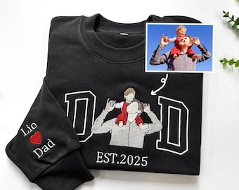 Personalized Dad Embroidered Sweatshirt, Custom Photo Outline Crewneck, Father Child Portrait Sweater, Daddy EST Year Gift.