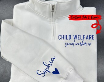 Custom Embroidered Quarter Zip Sweatshirt, Personalized Name & Job Title Pullover, Gift for Coworker Teacher Nurse