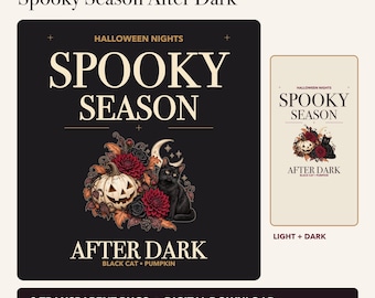 Könnte beinhalten: Ein digitales Grafikdesign-Set mit dem Text SPOOKY SEASON AFTER DARK, HALLOWEEN NIGHTS und BLACK CAT PUMPKIN. Die Illustration zeigt eine schwarze Katze, einen geschnitzten Kürbis, dunkelrote Blumen, Herbstblätter und einen zunehmenden Mond.