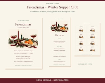 Könnte beinhalten: Ein digitales Schreibwaren-Set für einen Friendsmas Winter Supper Club, bestehend aus Einladung, Menükarte und Platzkarten. Jedes Teil zeigt eine festliche Illustration mit Cocktails, Kerzen und Orangen auf cremefarbenem Grund.
