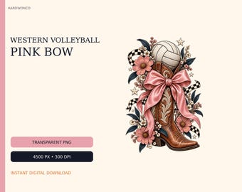 Western Volleyball Mom Shirt Design, Pink Bow Cowgirl Boot (Digital Download)