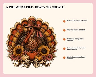 Retro Thanksgiving Turkey PNG, Western Fall Cowboy Design (Digital Download)