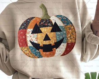 Patchwork Pumpkin PNG, Vintage Floral Jack O Lantern Sublimation Design (Digital Download)
