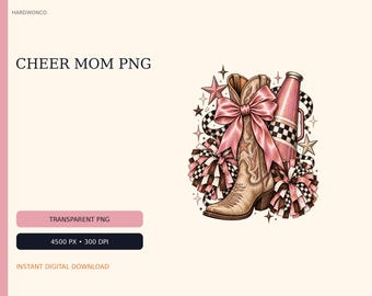 Cheer Mom Cowgirl Boot PNG – Pink Bow, Megaphone, Pom Poms (Digital Download)