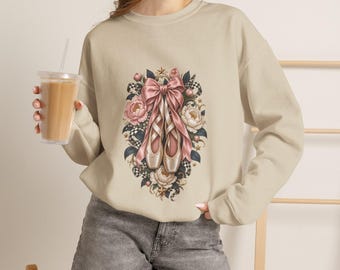 Pink Ballet Shoes Sweatshirt, Coquette Bow Floral Dance Crewneck, Recital Gift