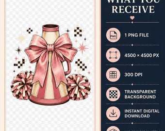 Pink Coquette Cheer Megaphone PNG, Game Day Sublimation Design (Instant Download)