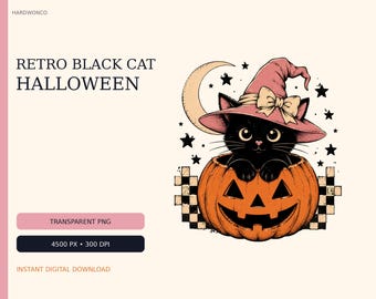 Retro Black Cat Halloween PNG, Vintage Pumpkin Sublimation Design (Digital Download)