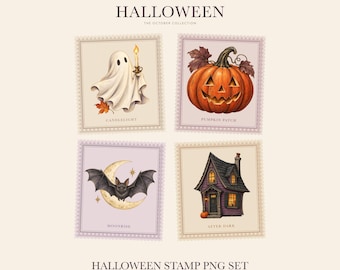 Könnte beinhalten: Ein digitales Set aus vier quadratischen Halloween-Briefmarken mit der Aufschrift HARDWONCO THE OCTOBER COLLECTION. Die Motive zeigen einen weißen Geist mit Kerze, einen orangefarbenen Kürbis, eine Fledermaus mit Mondsichel und ein lila Haus.