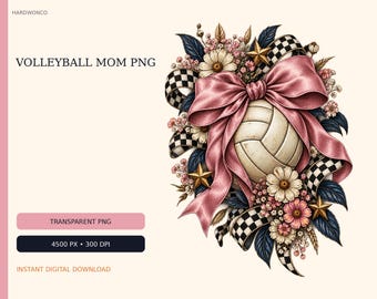 Volleyball Mom PNG, Dusty Pink Bow, Floral Sublimation Design (Digital Download)