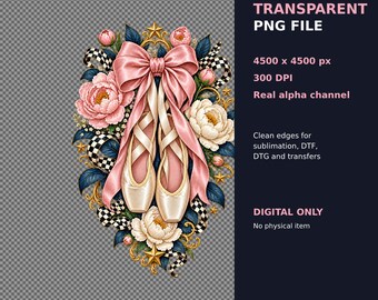 Pink Ballet Shoes Coquette Bow Floral PNG (Digital Download)
