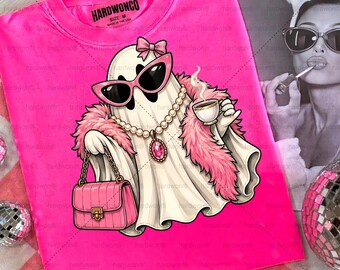 Pink Coquette Ghost PNG, Halloween Coffee Sublimation Design (Instant Download)