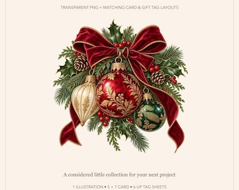 Könnte beinhalten: Eine digitale Grafik mit dem Titel Heirloom Christmas, die eine rote Samtschleife, grüne Tannenzweige, Stechpalmenblätter, rote Beeren, Tannenzapfen und drei Weihnachtskugeln in Rot, Creme und Grün mit Goldmustern und Textdetails zeigt.