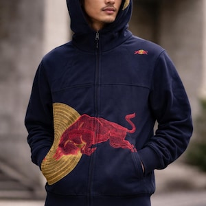 Navy Blue Embroidered Zip-Up Hoodie – Charging Bull Japanese Style Streetwear