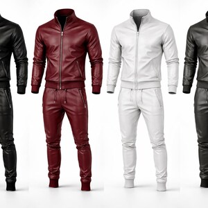 May include: Four matching tracksuits in black, burgundy, and white. Each set includes a zip-up jacket with a stand-up collar and matching pants with zippered pockets and a drawstring waist. The tracksuits are made of a leather-like material.
