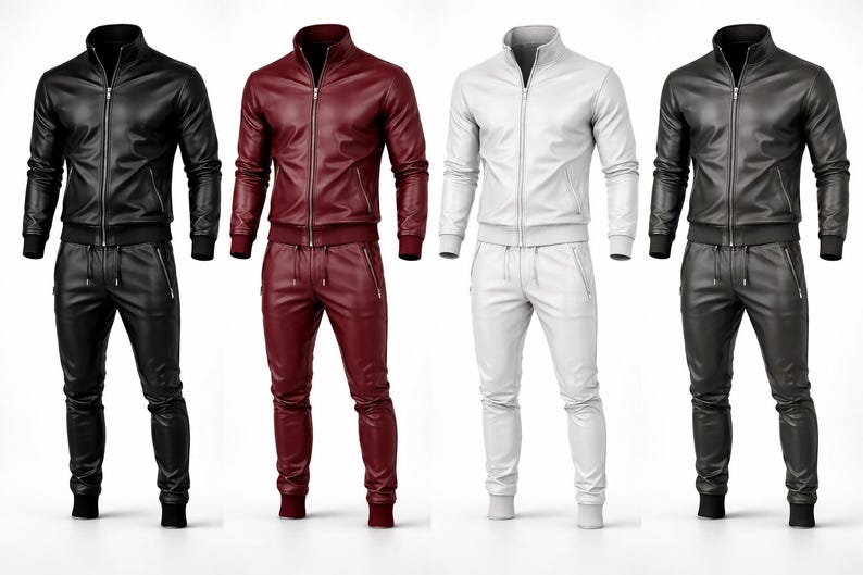 May include: Four matching tracksuits in black, burgundy, and white. Each set includes a zip-up jacket with a stand-up collar and matching pants with zippered pockets and a drawstring waist. The tracksuits are made of a leather-like material.