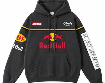 Sudadera con capucha extragrande con estampado de carreras vintage – Sudadera negra estilo streetwear de deportes de motor
