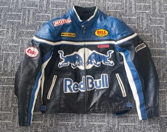 Chaqueta de cuero estilo motero de Red Bull Racing – Prendas de abrigo vintage para deportes de motor (azul/negro)