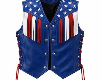 Débardeur homme en cuir avec drapeau des États-Unis avec franges rouge blanc bleu, style motard western