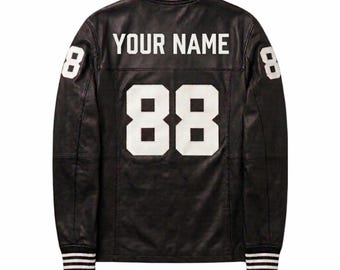 Blouson universitaire en cuir avec nom et numéro personnalisés - Blouson noir personnalisé de style Letterman