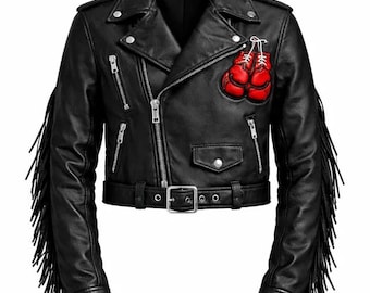 Blouson motard en cuir véritable à franges Blouson moto punk rock court
