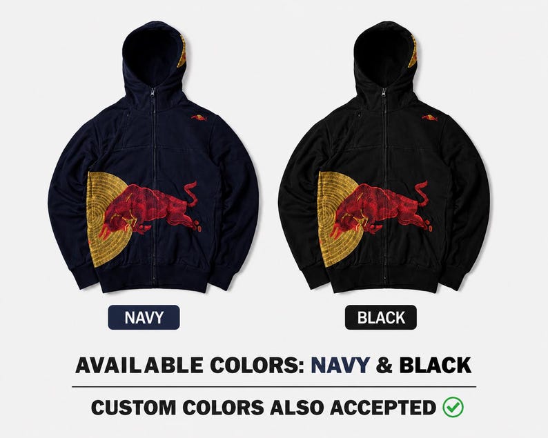 Puede incluir: Sudaderas con capucha con cremallera azul marino y negras con un gran gr&aacute;fico de toro rojo en la parte delantera. El toro est&aacute; sobre un dise&ntilde;o de sol dorado. Las sudaderas tienen capucha y cierre de cremallera. Disponible en azul marino y negro.
