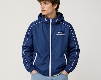 Coupe-vent bleu marine unisexe - Veste légère à capuche zippée avec passepoil blanc