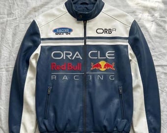 Blouson en similicuir Oracle Red Bull Racing F1 Motorsport, manteau streetwear bleu blanc Motorsport