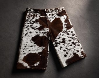 Short en cuir de vachette western fait main - Tenue de rodéo en cuir avec cheveux